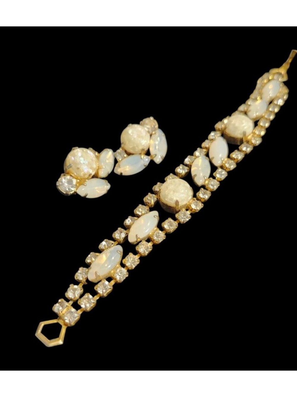 Vintage Gold-Tone Bracelet Earring Set Opalescent Glass Cabochons & Rhinestones